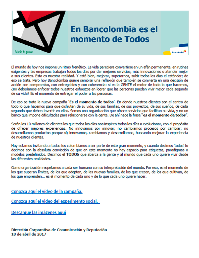 Respuesta a la supuesta campa&ntilde;a gay de Bancolombia "es el momento de TODOS"