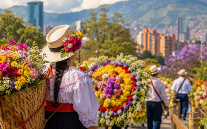 Silletera con un arreglo floral durante la Feria de las Flores 2026 en Medellín, con el paisaje urbano de El Poblado al fondo.