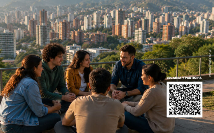 Habitantes de El Poblado participan en un espacio de diálogo comunitario para construir propuestas para el Plan de Desarrollo Local de la Comuna 14. La imagen incluye un código QR para acceder a la Geoencuesta.
