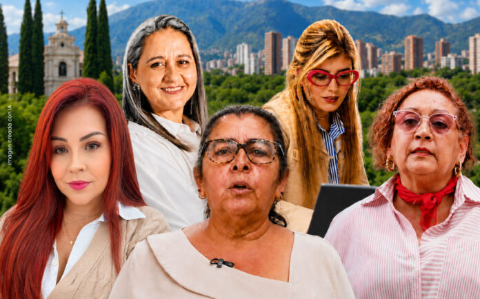 Collage con cinco mujeres líderes comunitarias y políticas de la comuna 14 El Poblado, protagonistas de una nueva etapa de participación ciudadana y representación en Medellín.