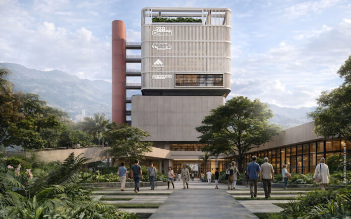 Render del ReCreo Cultural Ciudad del Río, nuevo complejo cultural que comenzará a construirse en la Comuna 14 de Medellín tras la adjudicación de las obras.