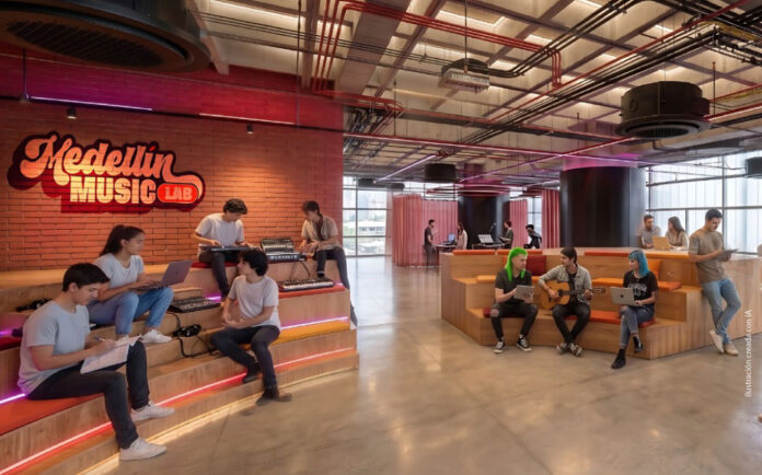 Render del ReCreo Cultural Ciudad del Río, un espacio que integrará Medellín Music Lab, salas de cine, coworking y laboratorios culturales en Medellín.