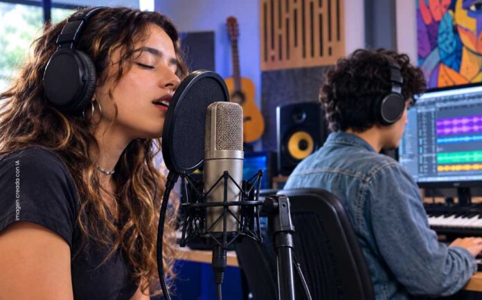 Joven interpreta una canción en un estudio de grabación profesional mientras un productor musical realiza la mezcla de audio en Medellín.