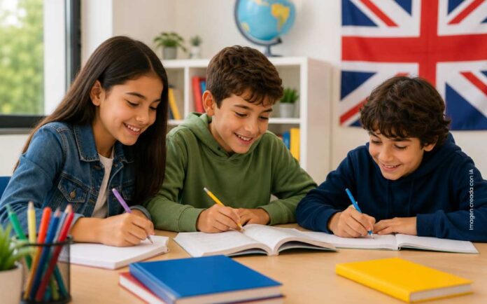 Niños y adolescentes participan en una clase de inglés durante un programa de formación gratuito dirigido a residentes de la comuna 14 – El Poblado.