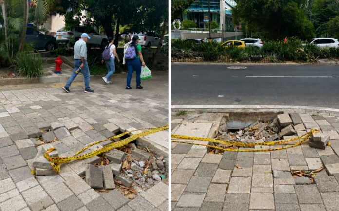Collage con dos fotografías del deterioro presentado en el andén construido durante las obras de la quebrada La Presidenta, sobre la avenida El Poblado, en Medellín.
