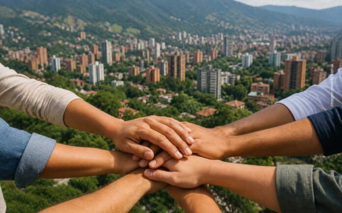 Manos unidas representan el liderazgo comunitario y la articulación de las JAC de El Poblado, Medellín.