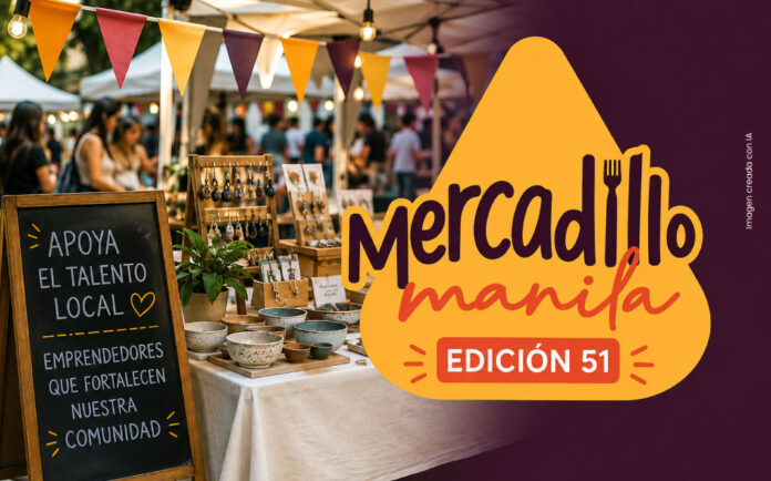 Imagen promocional del Mercadillo Manila Edición 51, un evento de emprendimiento y economía local que reúne marcas, artesanos y creativos en el barrio Manila de El Poblado, Medellín.
