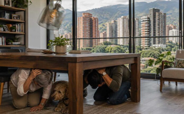 Personas se protegen debajo de una mesa durante un sismo en un edificio alto de El Poblado, Medellín.