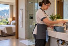 Navidad podría llegar con racionamiento: El Poblado debe entrar en modo ahorro Empleada de hotel cierra una llave de agua en una habitación de El Poblado, Medellín, como acción de ahorro del recurso.