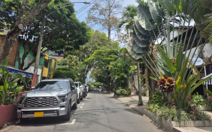 Calle del Barrio Manila en El Poblado, Medellín, rodeada de árboles, jardines y abundante vegetación urbana.