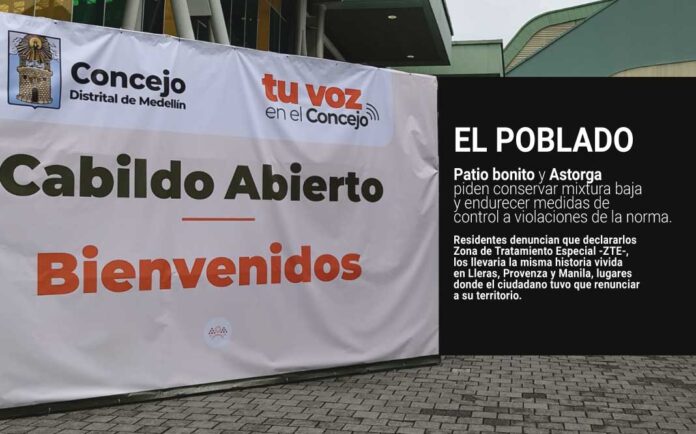 Banner del Cabildo Abierto del Concejo Distrital de Medellín sobre el POT, junto a mensaje de Patio Bonito y Astorga que pide conservar la baja mixtura y endurecer controles.