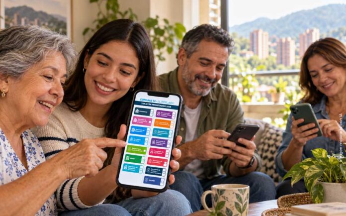 Personas de distintas generaciones votan desde sus celulares en la sala de una casa, mientras revisan el tarjetón de Presupuesto Participativo de la Comuna 14 - El Poblado.
