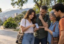 Vota por El Poblado: decidir también es participar Habitantes de El Poblado participan en la votación de Presupuesto Participativo desde sus celulares, en un entorno urbano y verde de Medellín.