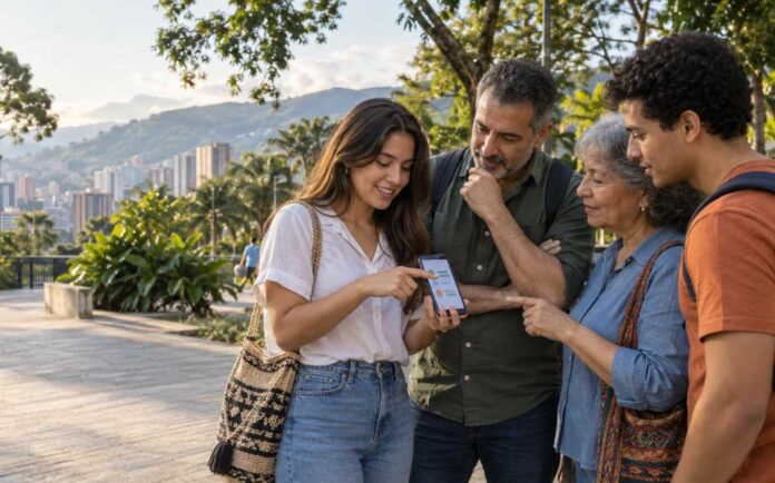 Habitantes de El Poblado participan en la votación de Presupuesto Participativo desde sus celulares, en un entorno urbano y verde de Medellín.