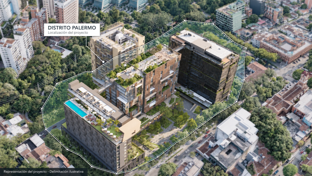 Representaci&oacute;n a&eacute;rea de Distrito Palermo en El Poblado, Medell&iacute;n, con el &aacute;rea del proyecto resaltada mediante un contorno blanco.