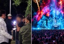 Medellín: ¿el trato digno y cuidado de la vida dependen del precio de la entrada? Montaje de Manuel Villa y policías junto a un joven con el rostro difuminado, y un escenario del festival EDC con luces y público.