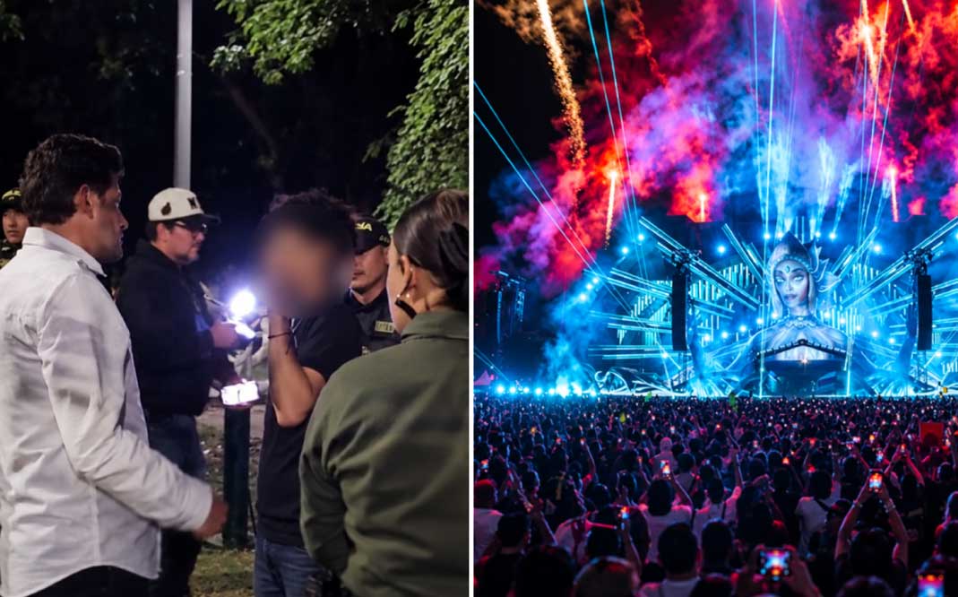 Cannabis en un parque y festival EDC: trato digno en Medellín Montaje de Manuel Villa y policías junto a un joven con el rostro difuminado, y un escenario del festival EDC con luces y público.