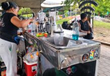 La 4 Sur: comprender antes de intervenir Mujer prepara bebidas en un puesto de jugos bajo el puente de la 4 Sur, con licuadoras sobre el mostrador y zonas verdes al fondo.